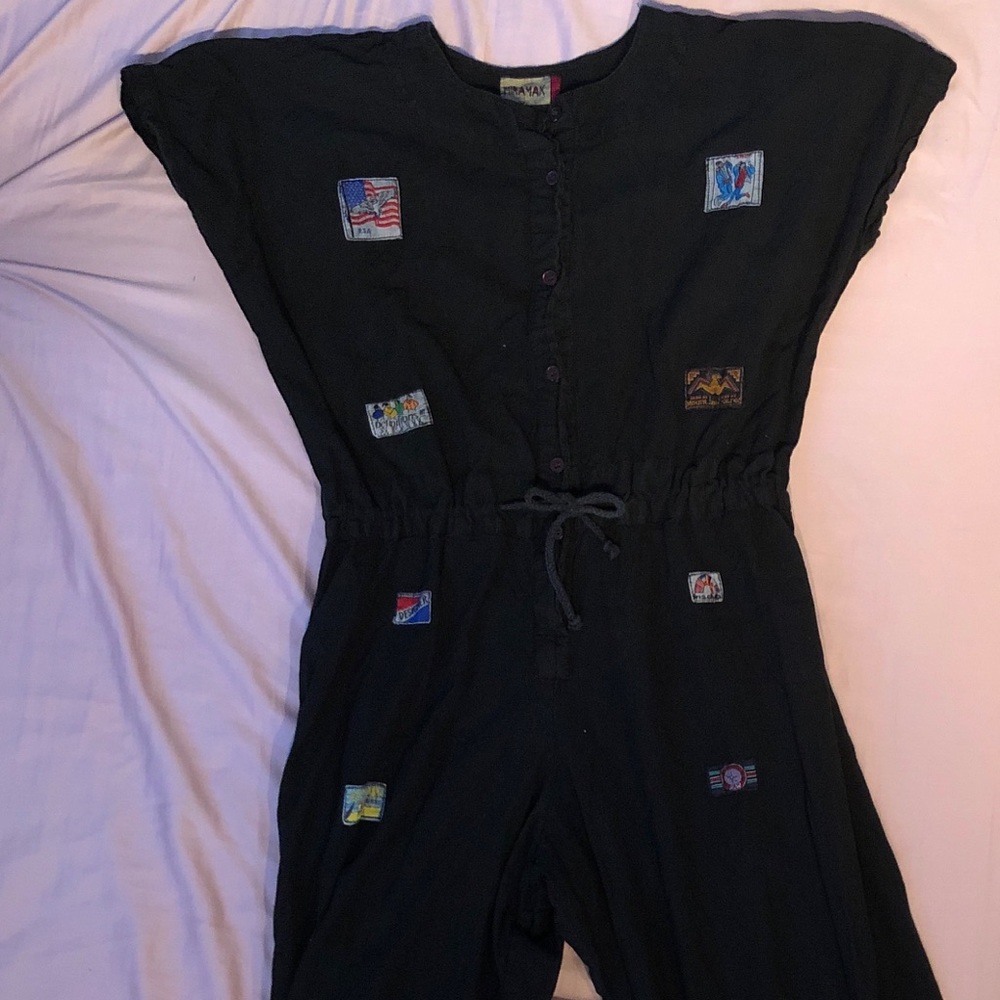 Vintage Black Cotton Jumpsuit with Patches